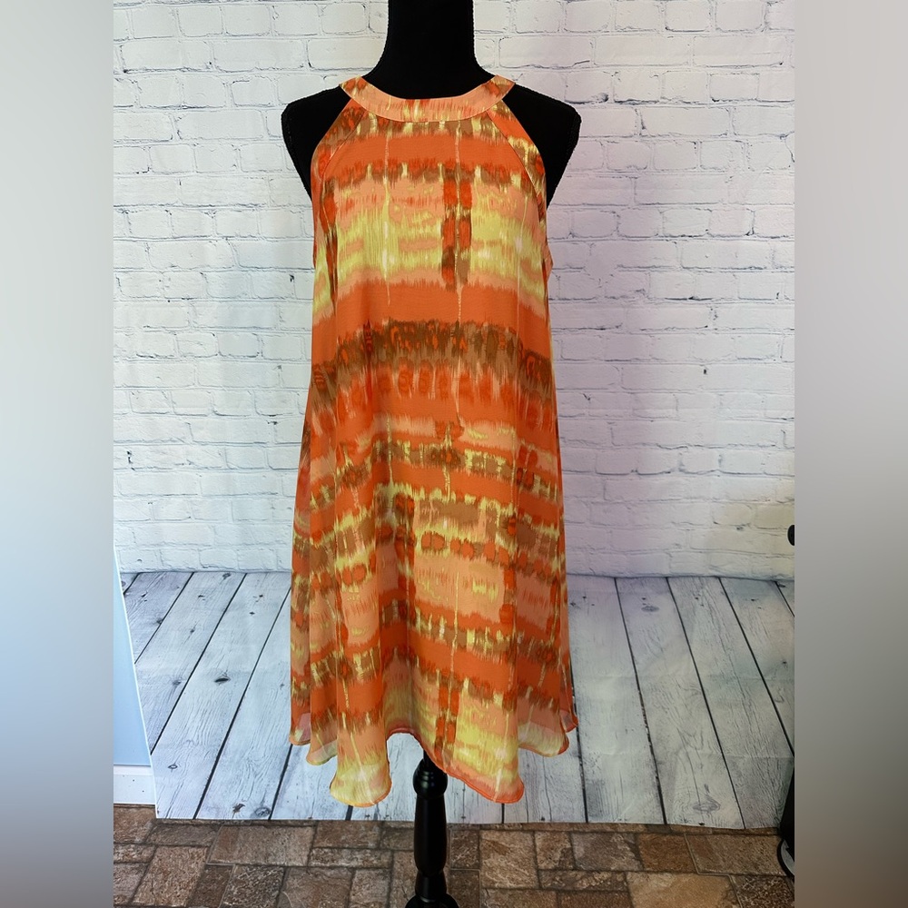 Betsey Johnson sleeveless trapeze swing mini dress, Orange and Yellow, Size 8